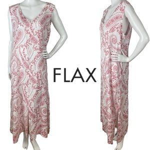 NWOT FLAX Linen A-Line Lagenlook Maxi Dress Red Floral Moroccan Print Sz Medium